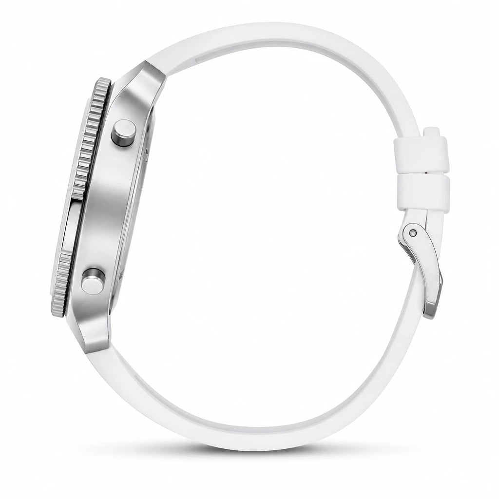 Montre Sport Digitale Femme Bracelet Silicone Blanc Lunette Argentée - Photo côté