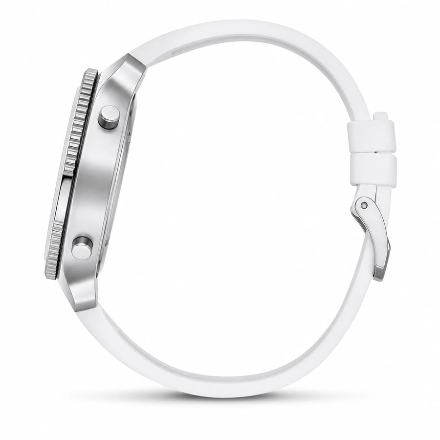 Montre Sport Digitale Femme Bracelet Silicone Blanc Lunette Argentée - Photo côté