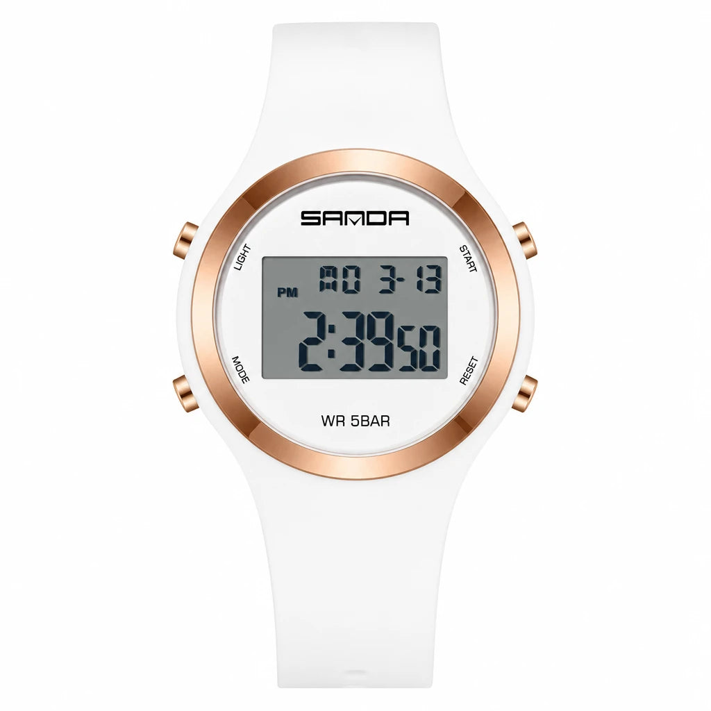 Montre Sport Digitale Femme Cadran Rond Étanche - Blanc