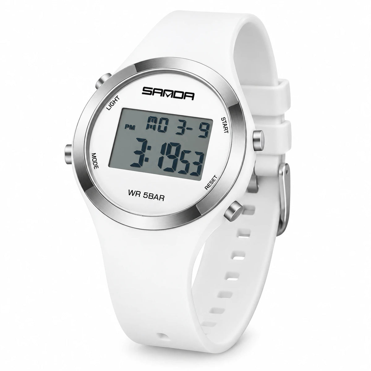 Montre Sport Digitale Femme Cadran Rond Étanche - Fond blanc, autre angle