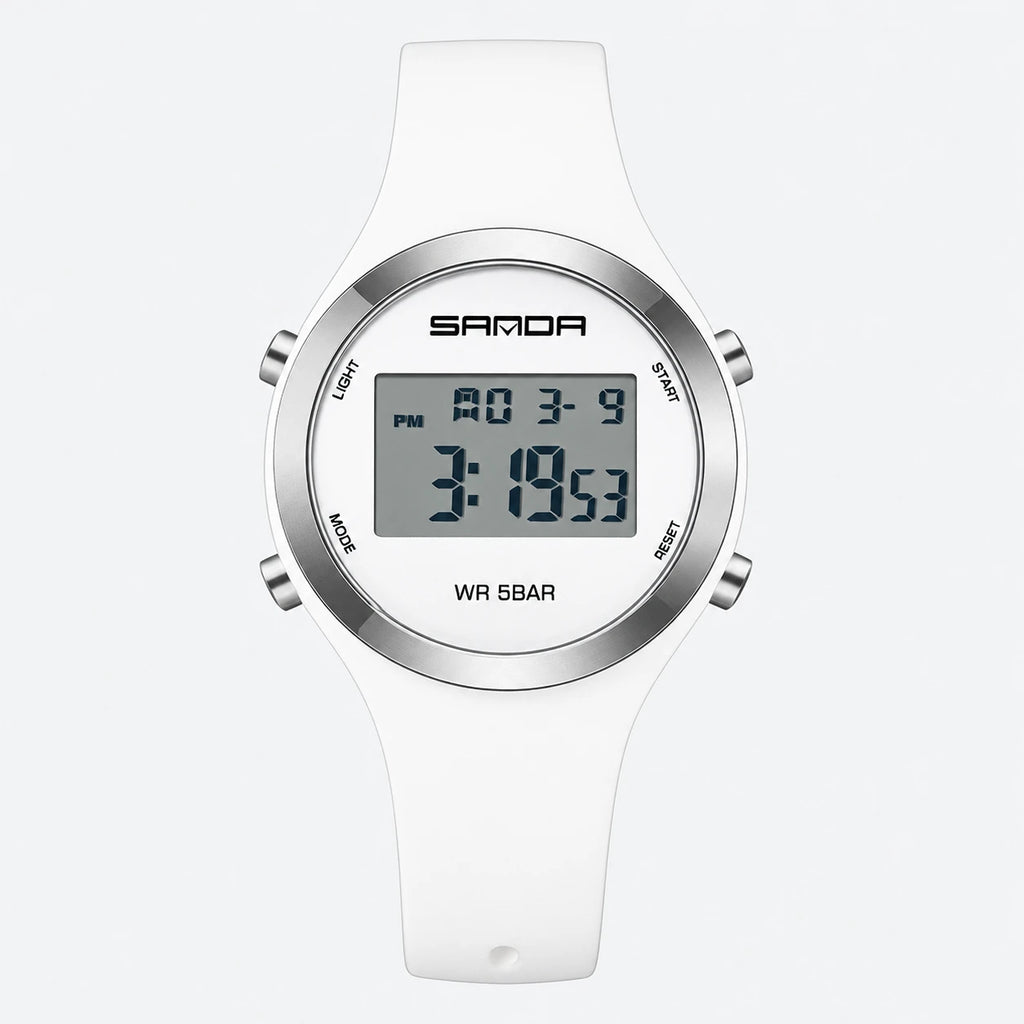 Montre Sport Digitale Femme Cadran Rond Étanche - Fond gris clair