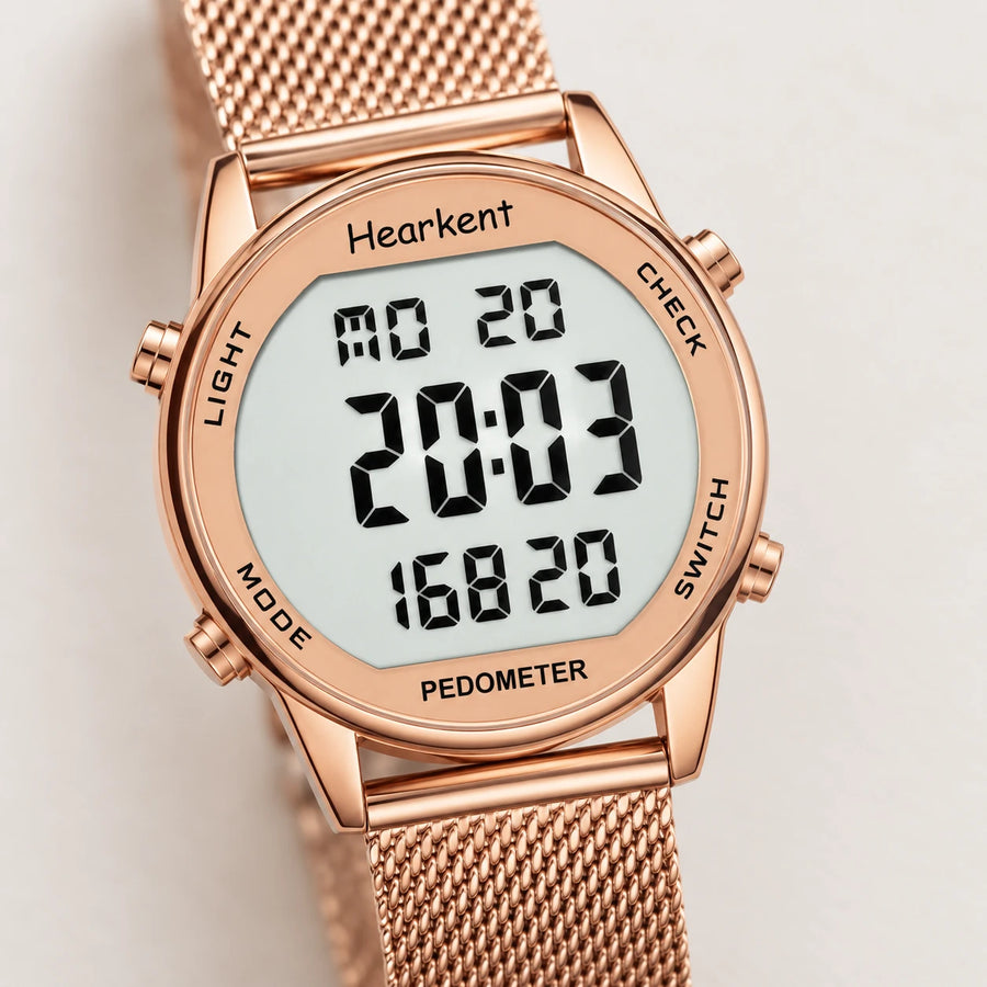 Montre Sport Femme Digitale à Bracelet Mesh Doré Rose - Détail matière