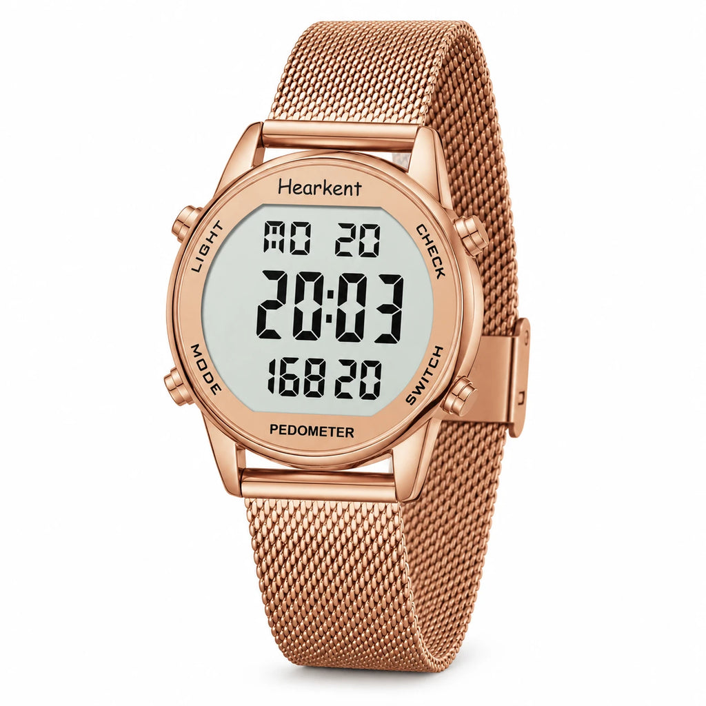 Montre Sport Femme Digitale à Bracelet Mesh Doré Rose - Fond blanc, autre angle