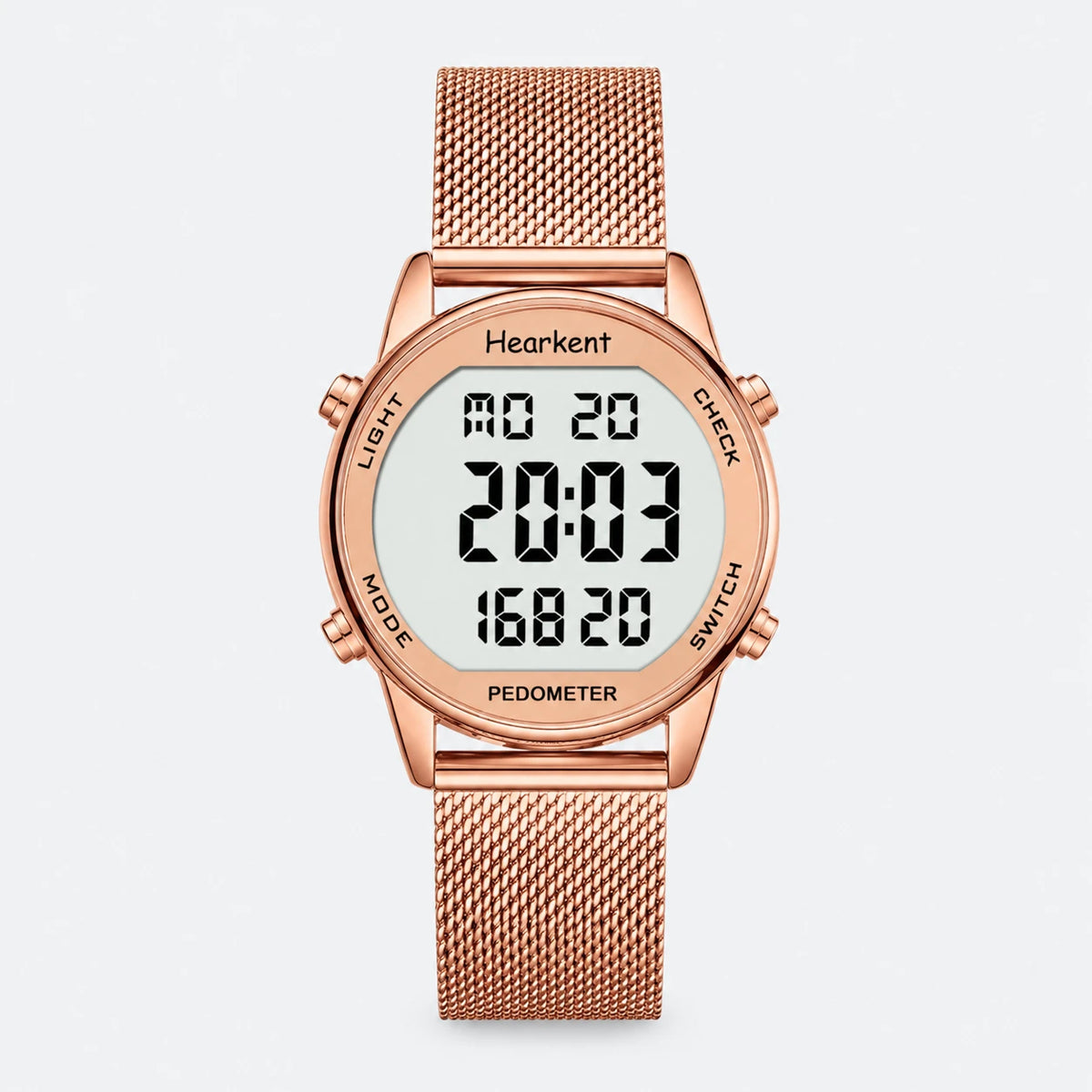 Montre Sport Femme Digitale à Bracelet Mesh Doré Rose - Fond gris clair