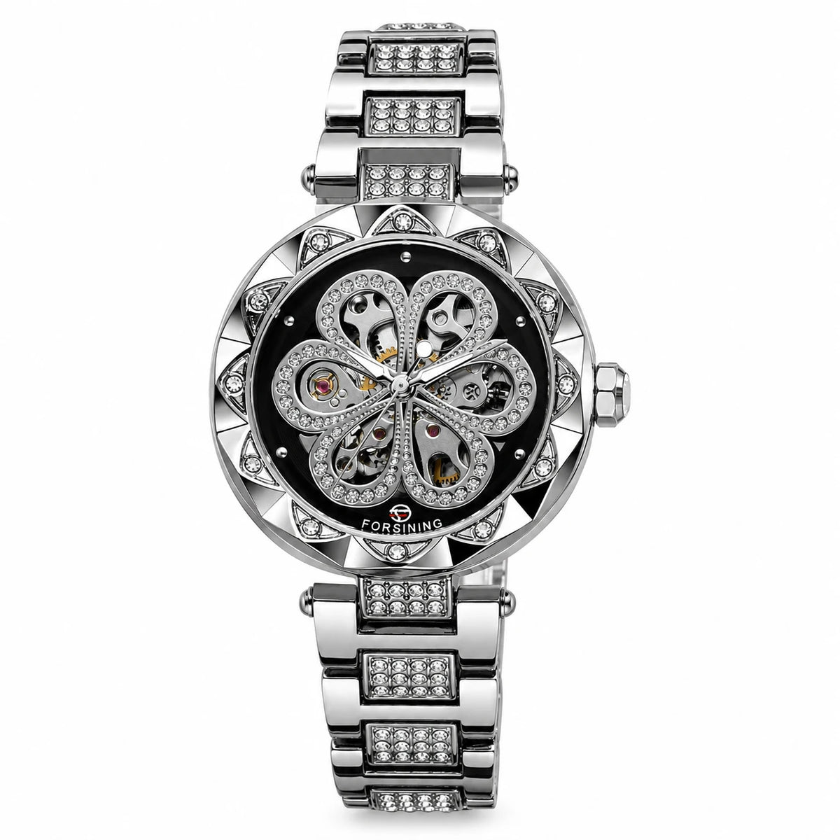 Montre Squelette Automatique Bracelet Acier Ornée de Cristaux - argent-noir