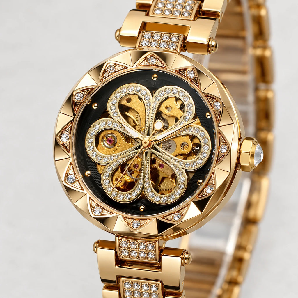 Montre Squelette Automatique Bracelet Acier Ornée de Cristaux - Détail matière