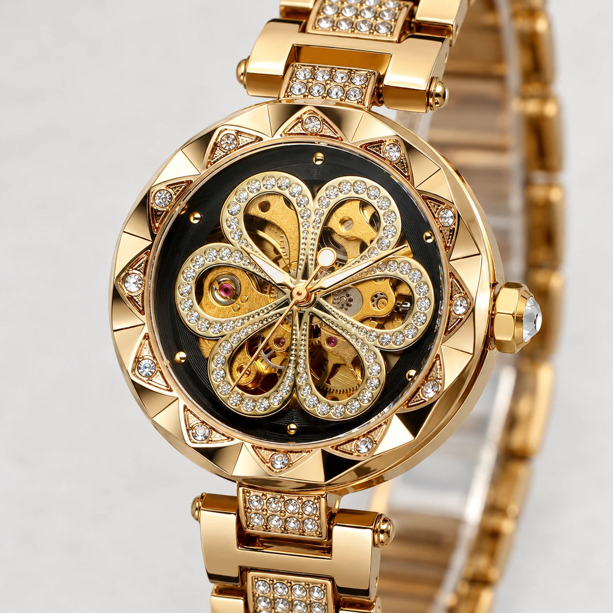 Montre Squelette Automatique Bracelet Acier Ornée de Cristaux - Détail matière