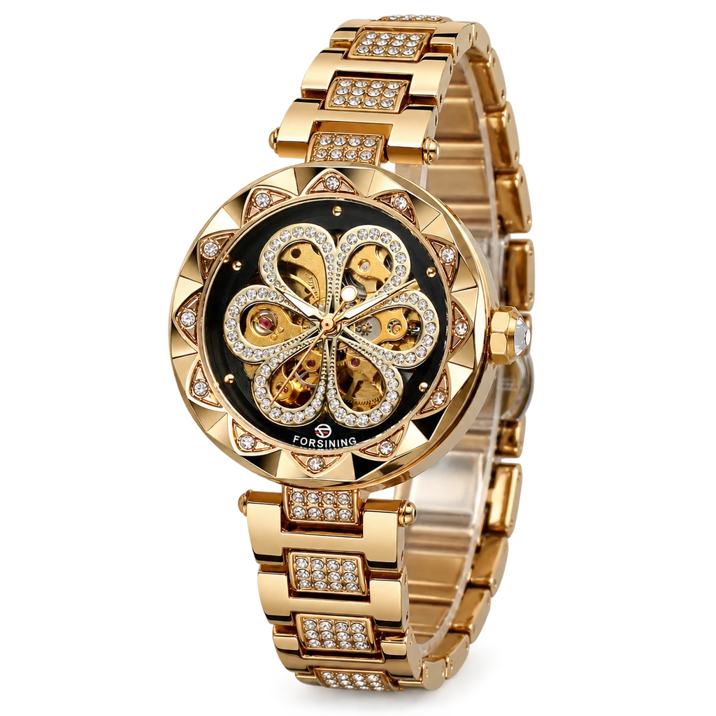 Montre Squelette Automatique Bracelet Acier Ornée de Cristaux - Fond blanc, autre angle