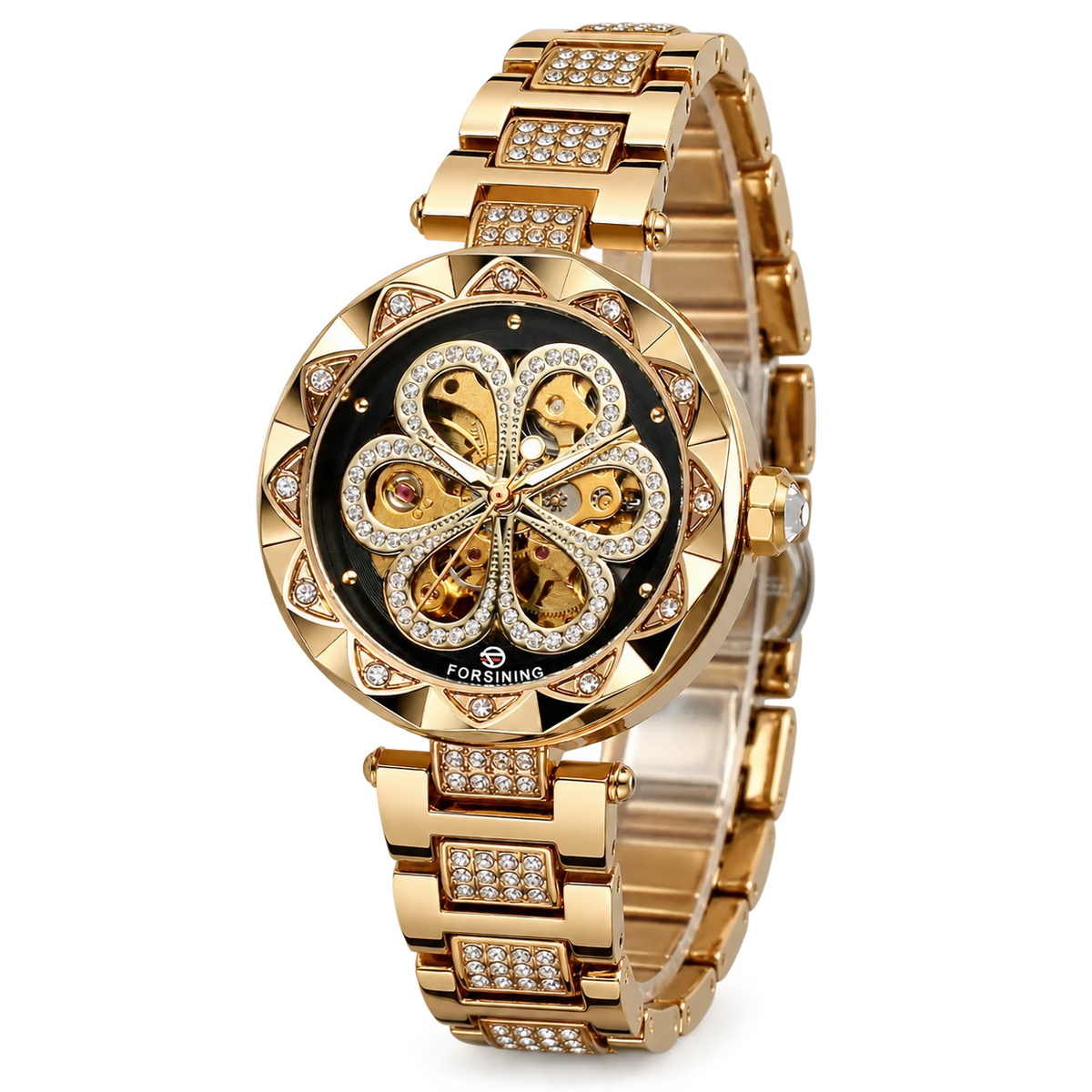 Montre Squelette Automatique Bracelet Acier Ornée de Cristaux - Fond blanc, autre angle
