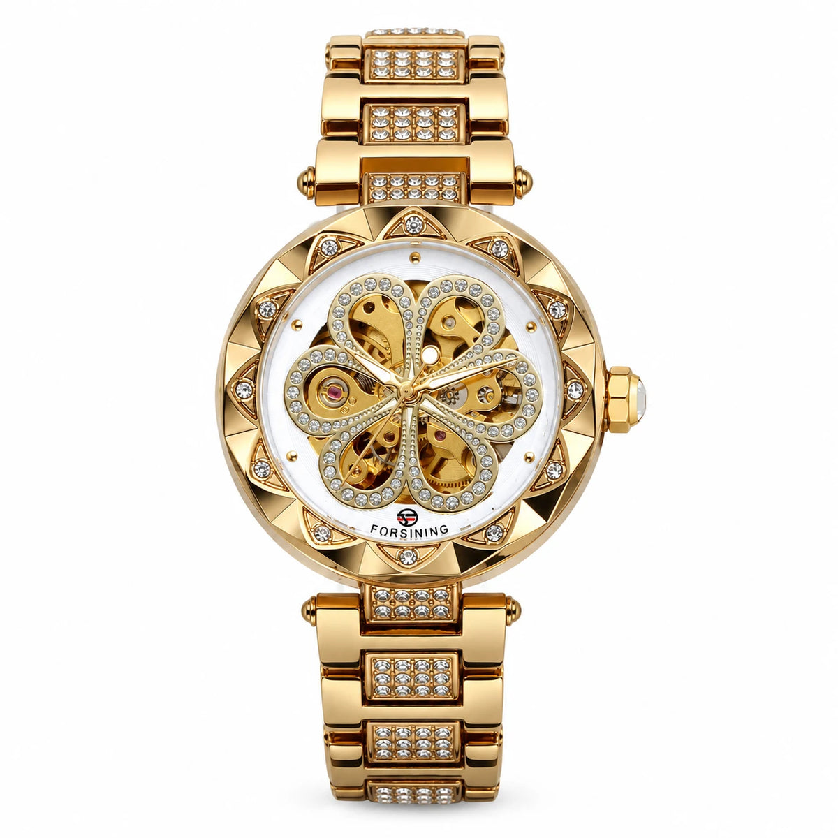 Montre Squelette Automatique Bracelet Acier Ornée de Cristaux - or-blanc