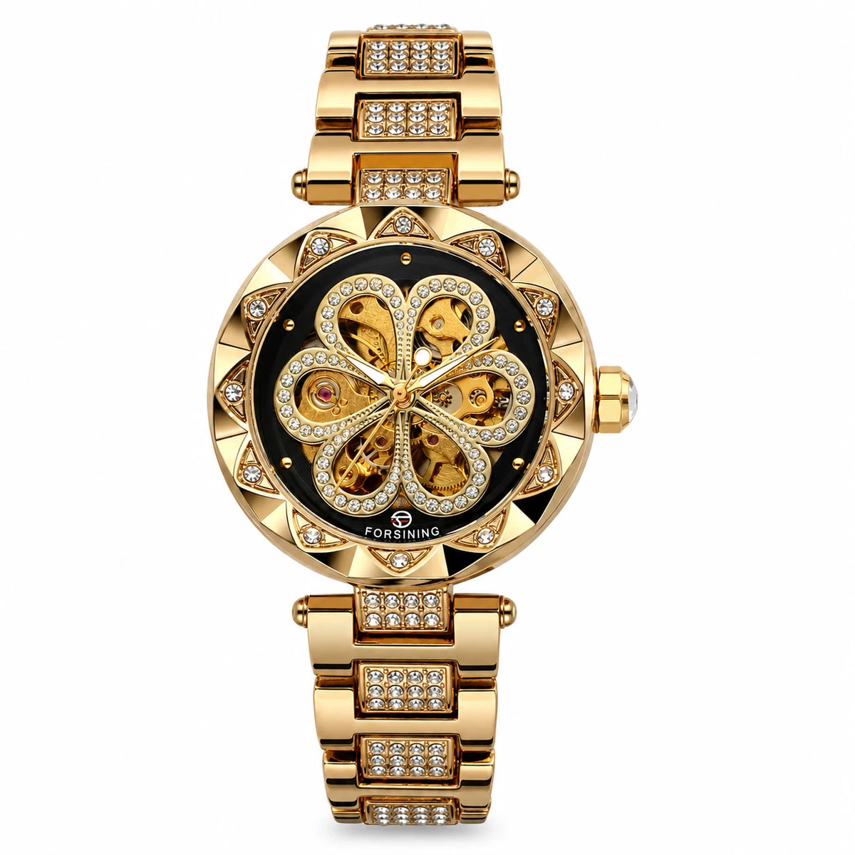 Montre Squelette Automatique Bracelet Acier Ornée de Cristaux - or - noir