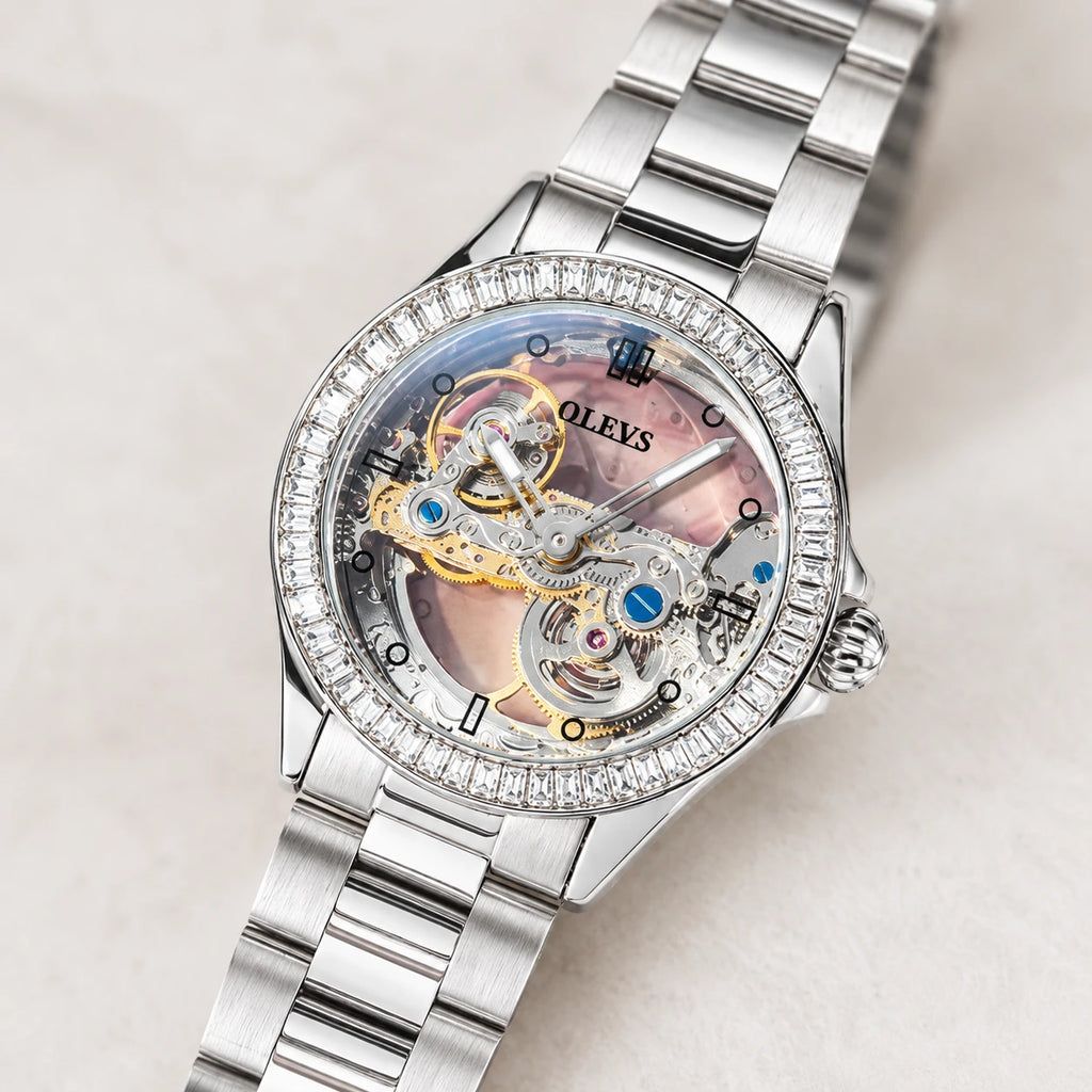Montre Squelette Automatique Femme à Bracelet Acier - Détail matière