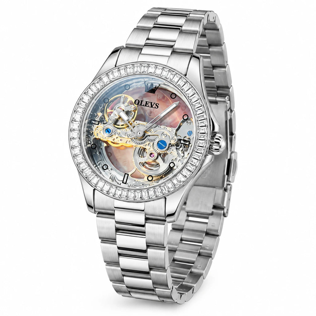 Montre Squelette Automatique Femme à Bracelet Acier - Fond blanc, autre angle