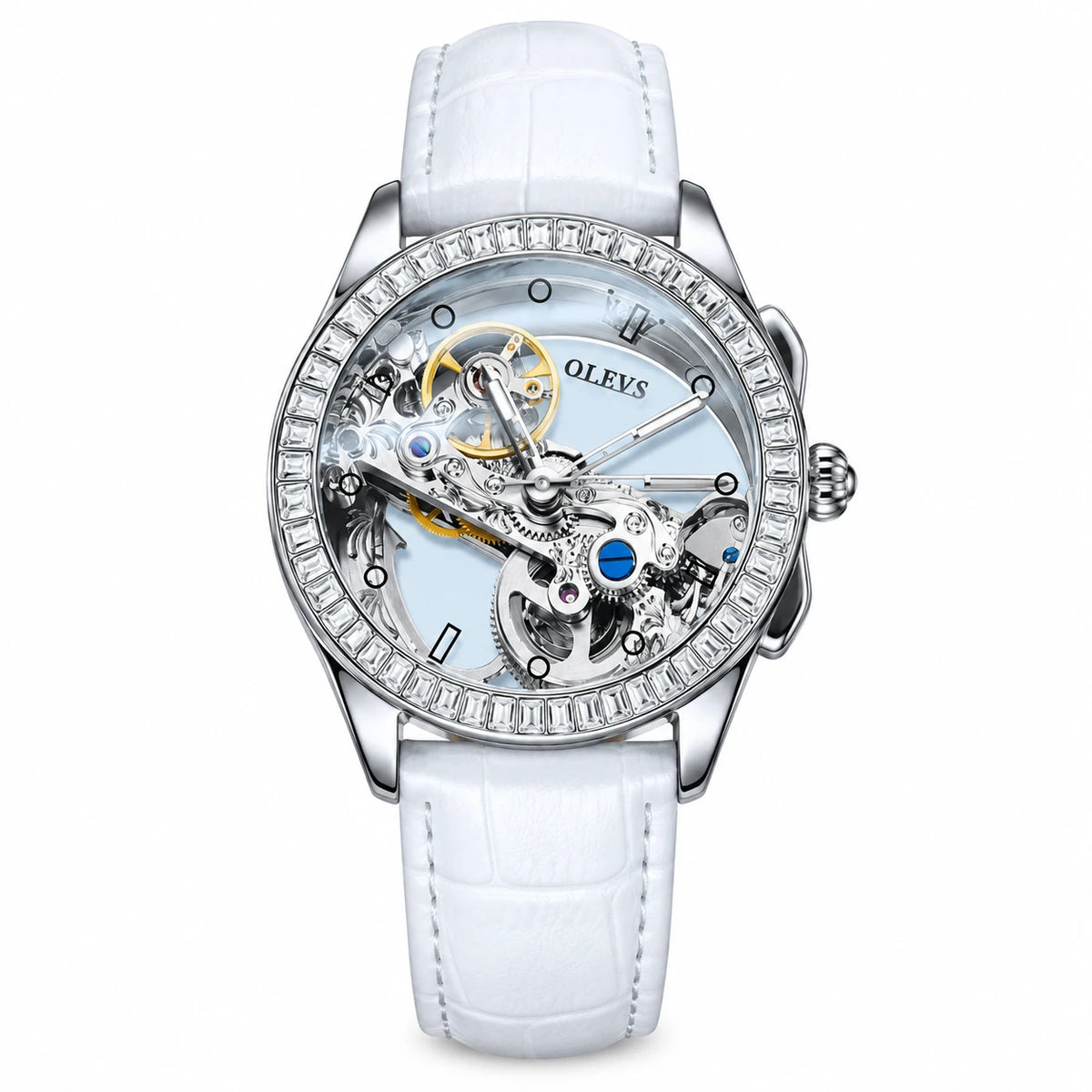 Montre Squelette Automatique Femme à Bracelet Acier - Leather Silver White