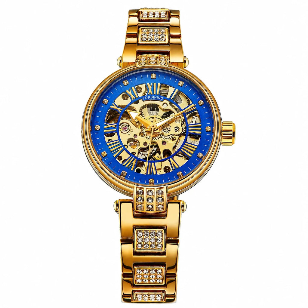 Montre squelette automatique femme Or et Bleu