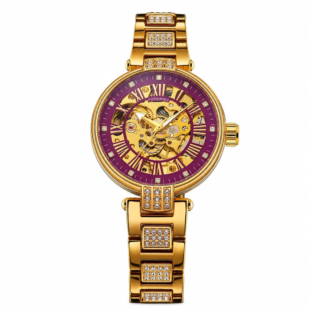 Montre squelette automatique femme Or et Violet