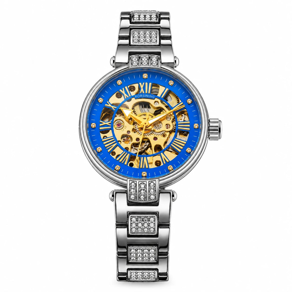 Montre Squelette Femme Mécanisme Apparent Bracelet Acier Orné - Bleu