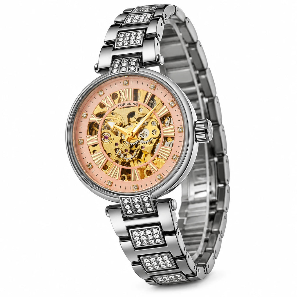 Montre Squelette Femme Mécanisme Apparent Bracelet Acier Orné - Fond blanc, autre angle