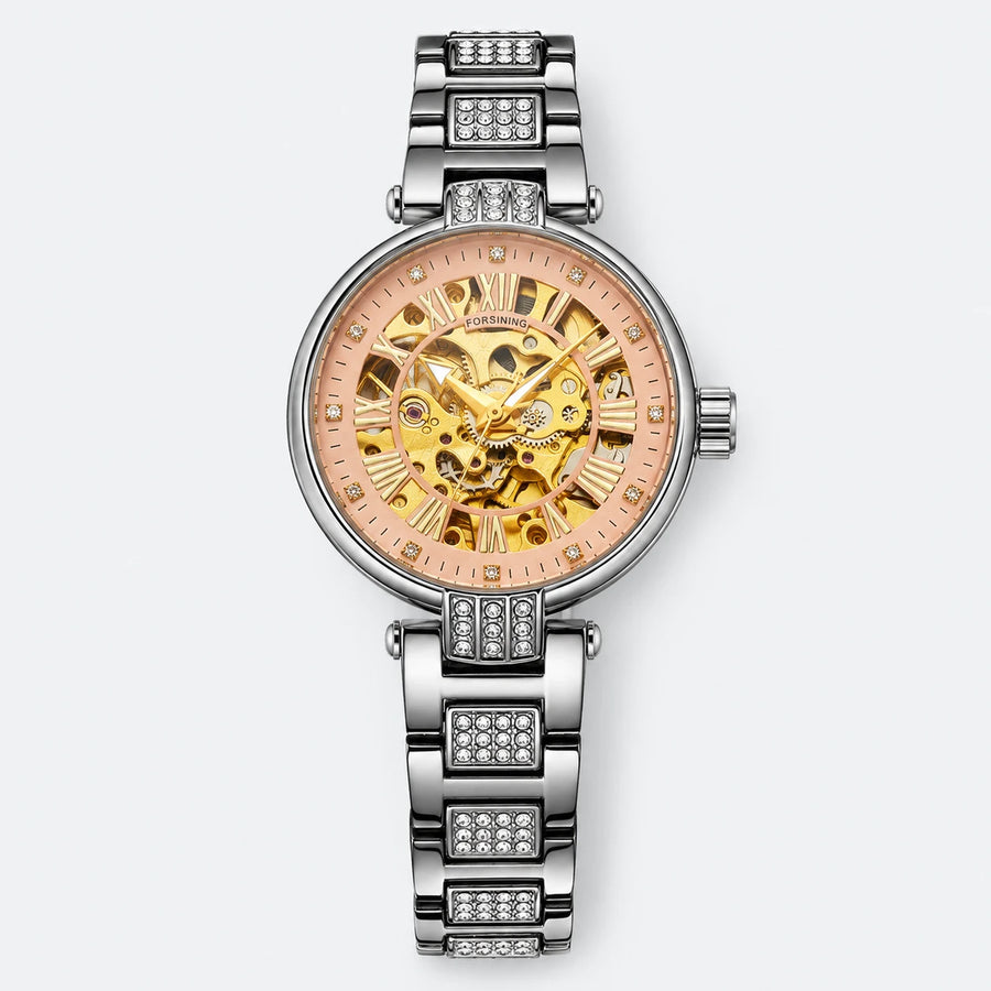 Montre Squelette Femme Mécanisme Apparent Bracelet Acier Orné - Fond gris clair
