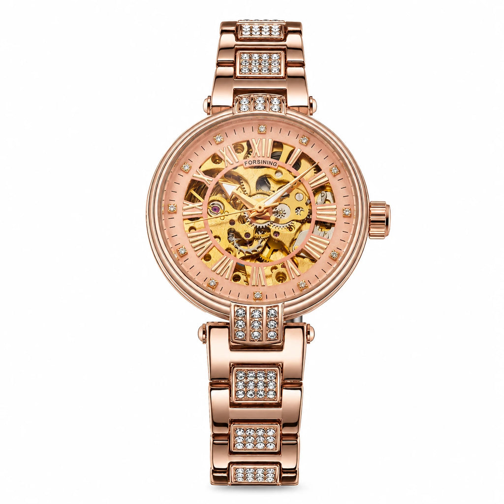 Montre Squelette Femme Mécanisme Apparent Bracelet Acier Orné - Rose