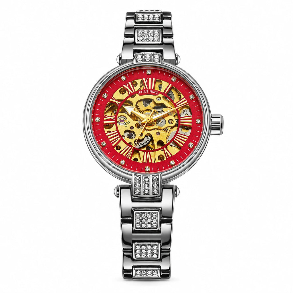 Montre Squelette Femme Mécanisme Apparent Bracelet Acier Orné - Rouge