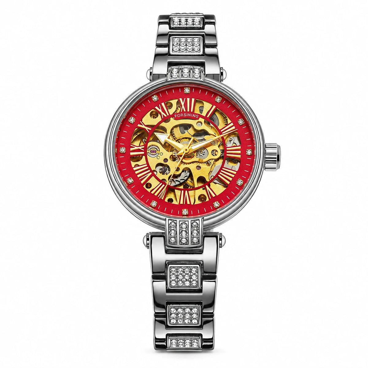 Montre Squelette Femme Mécanisme Apparent Bracelet Acier Orné - Rouge