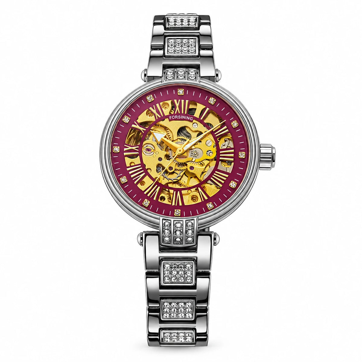 Montre Squelette Femme Mécanisme Apparent Bracelet Acier Orné - Violet