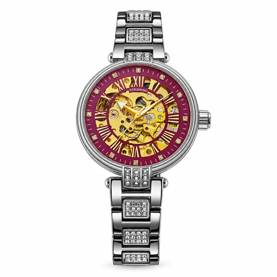 Montre Squelette Femme Mécanisme Apparent Bracelet Acier Orné - Violet