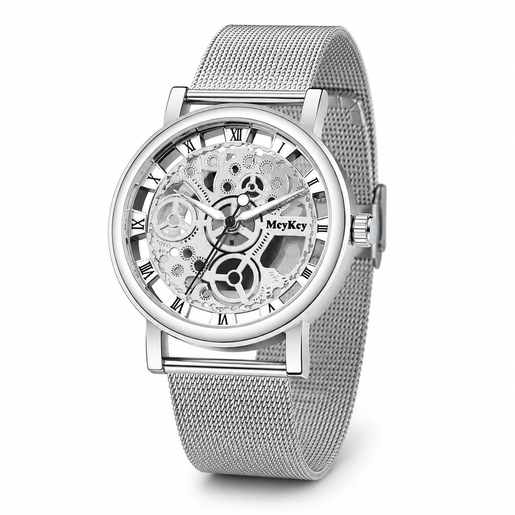 Montre Squelette Mécanique Maille Milanaise - 3 Coloris - Fond blanc, autre angle