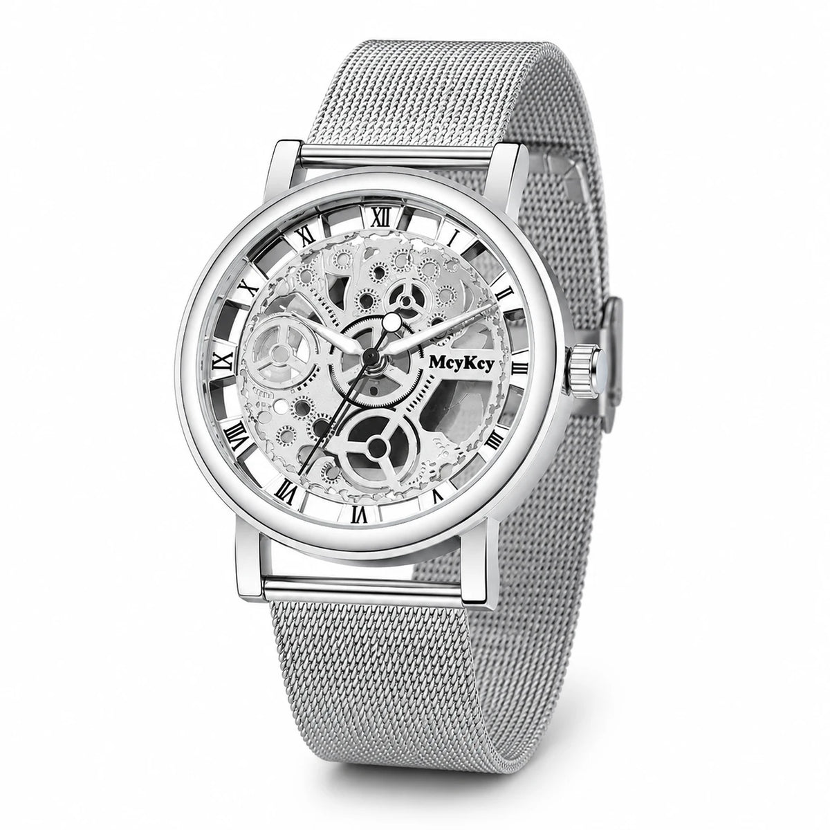 Montre Squelette Mécanique Maille Milanaise - 3 Coloris - Fond blanc, autre angle