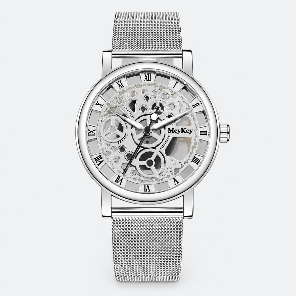 Montre Squelette Mécanique Maille Milanaise - 3 Coloris - Fond gris clair