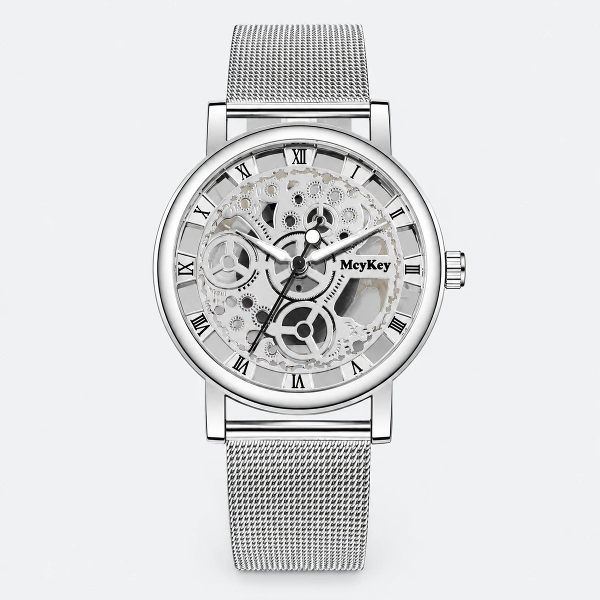 Montre Squelette Mécanique Maille Milanaise - 3 Coloris - Fond gris clair