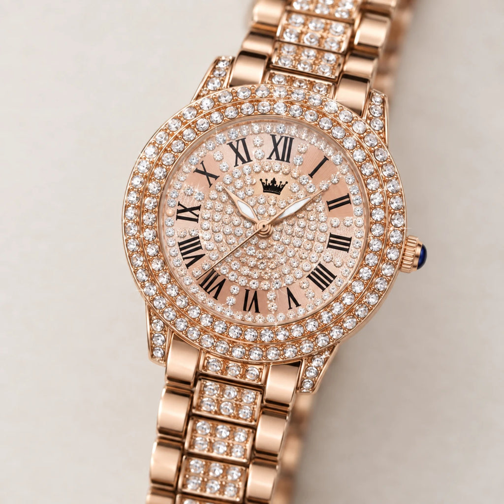 Montre Vintage Femme Luxe Or Rose à Strass - Détail matière