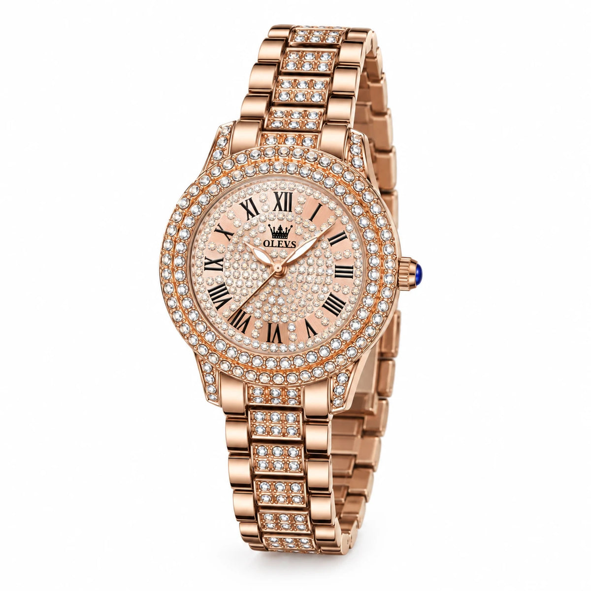 Montre Vintage Femme Luxe Or Rose à Strass - Fond blanc, autre angle