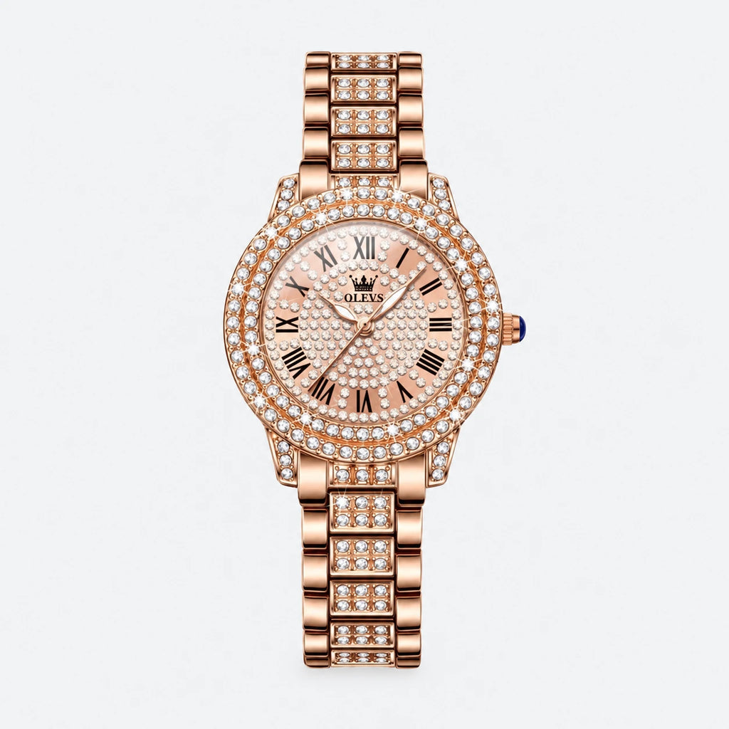 Montre Vintage Femme Luxe Or Rose à Strass - Fond gris clair