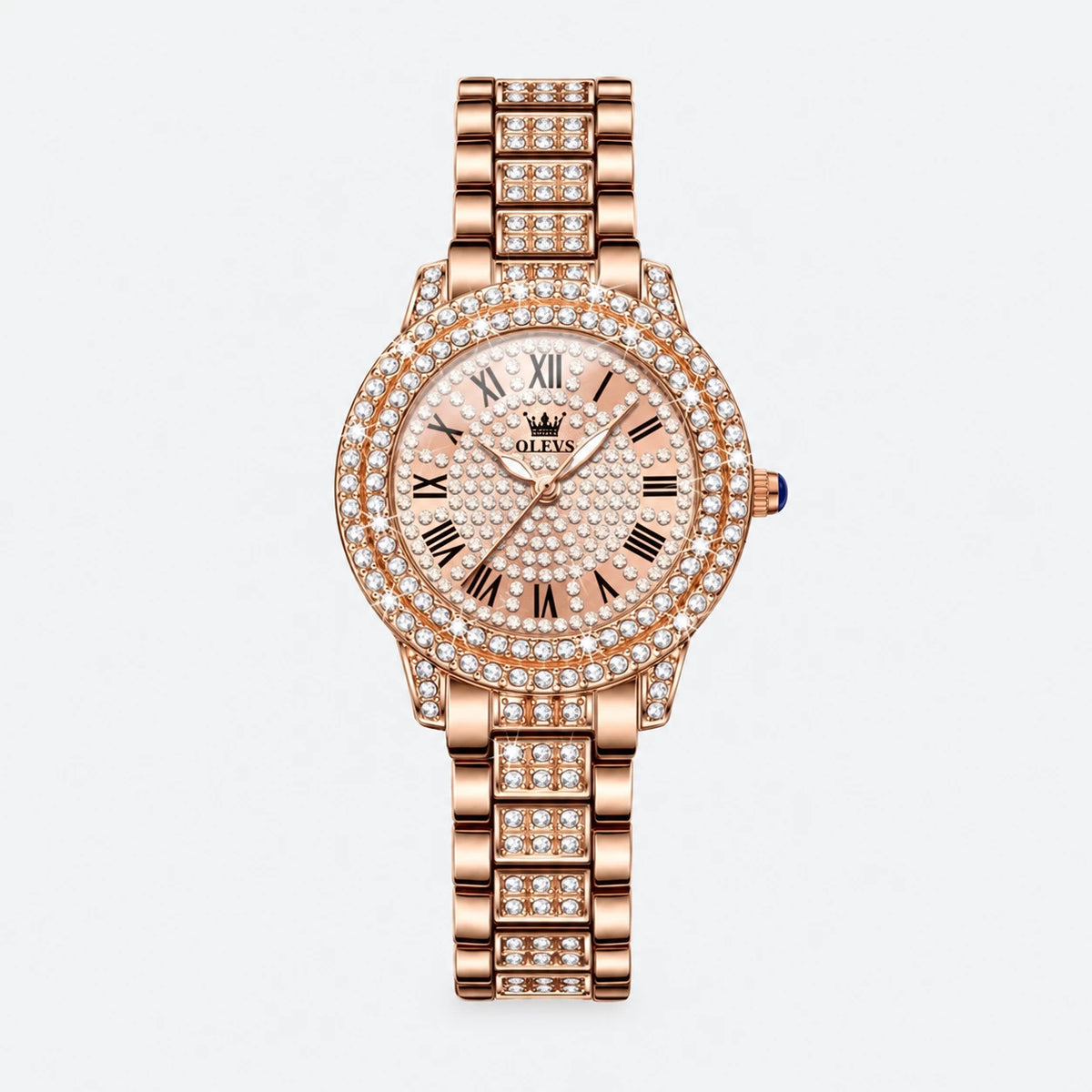 Montre Vintage Femme Luxe Or Rose à Strass - Fond gris clair
