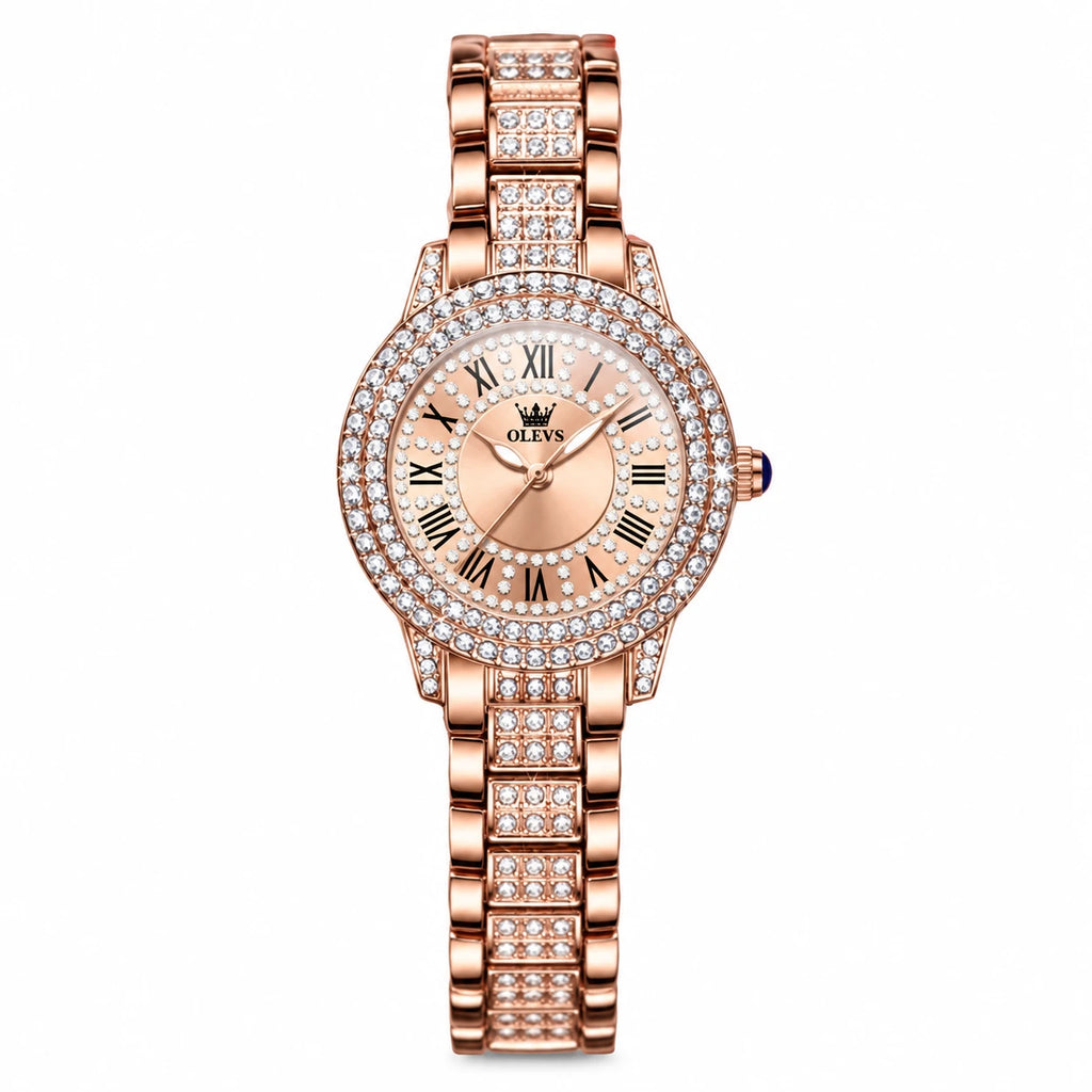 Montre Vintage Femme Luxe Or Rose à Strass - Lisse