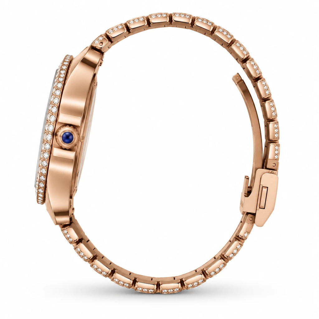 Montre Vintage Femme Luxe Or Rose à Strass - Photo côté