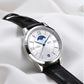 Montre automatique femme cadran argenté et bracelet cuir noir