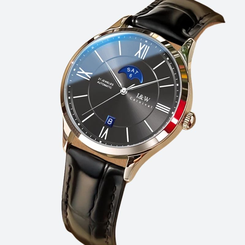 Montre automatique femme cadran argenté et bracelet cuir noir