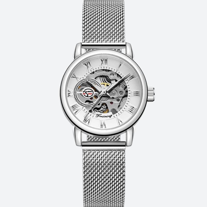 Montre Automatique Femme Bracelet Acier Maille & Cadran Ajouré en argenté sur fond gris