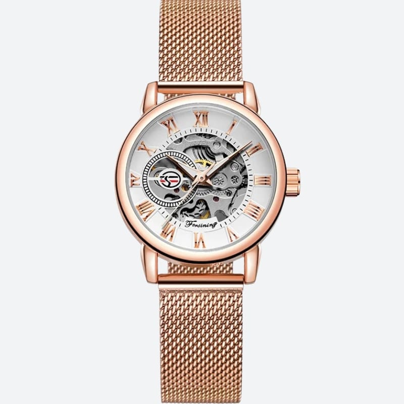 Montre Automatique Femme Bracelet Acier Maille & Cadran Ajouré en rose sur fond gris