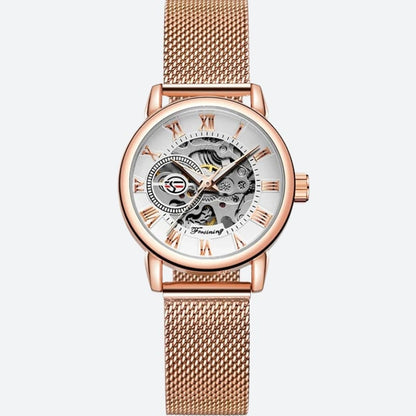 Montre Automatique Femme Bracelet Acier Maille & Cadran Ajouré en rose sur fond gris