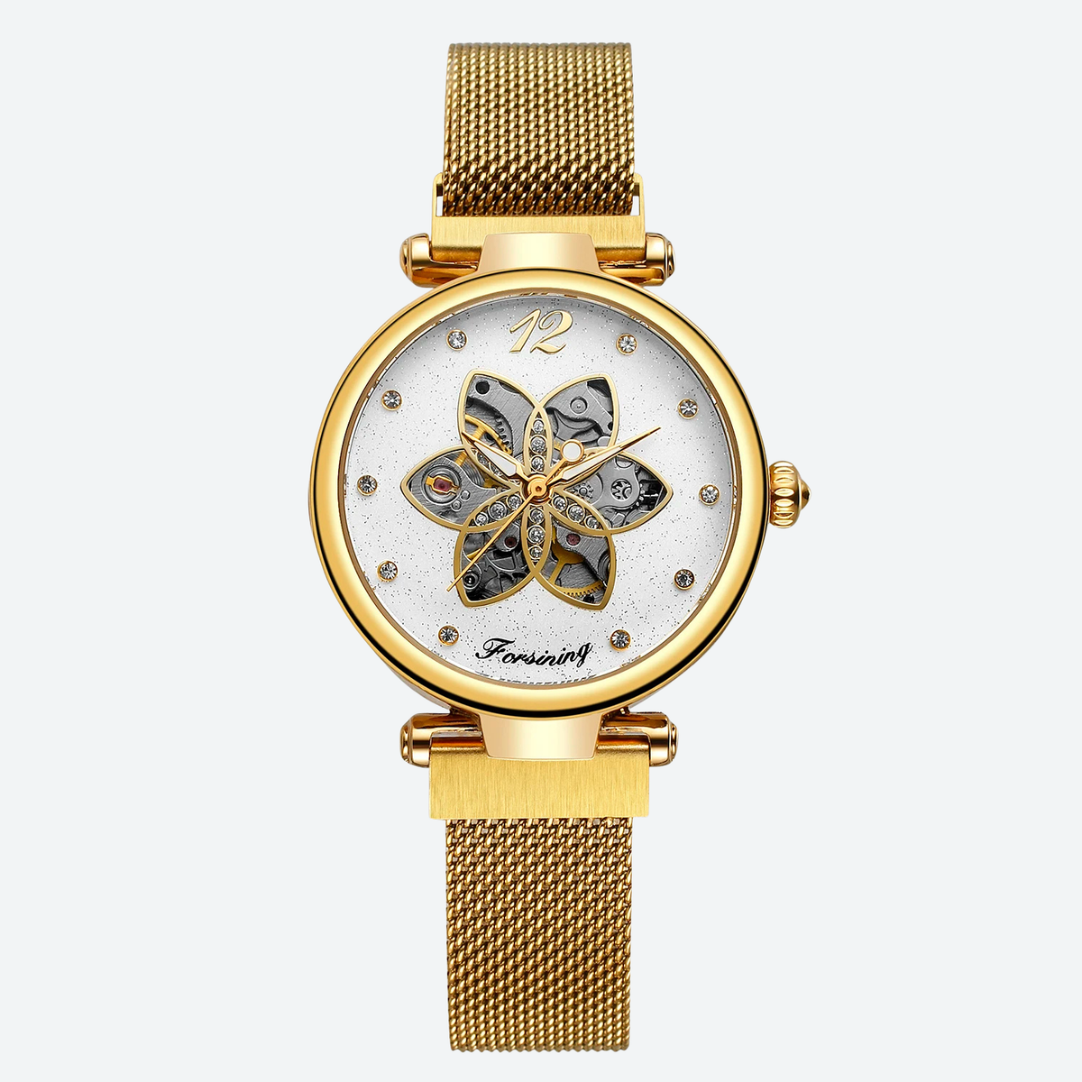 Montre Automatique Femme Squelette Floral Maille Milanaise Chic