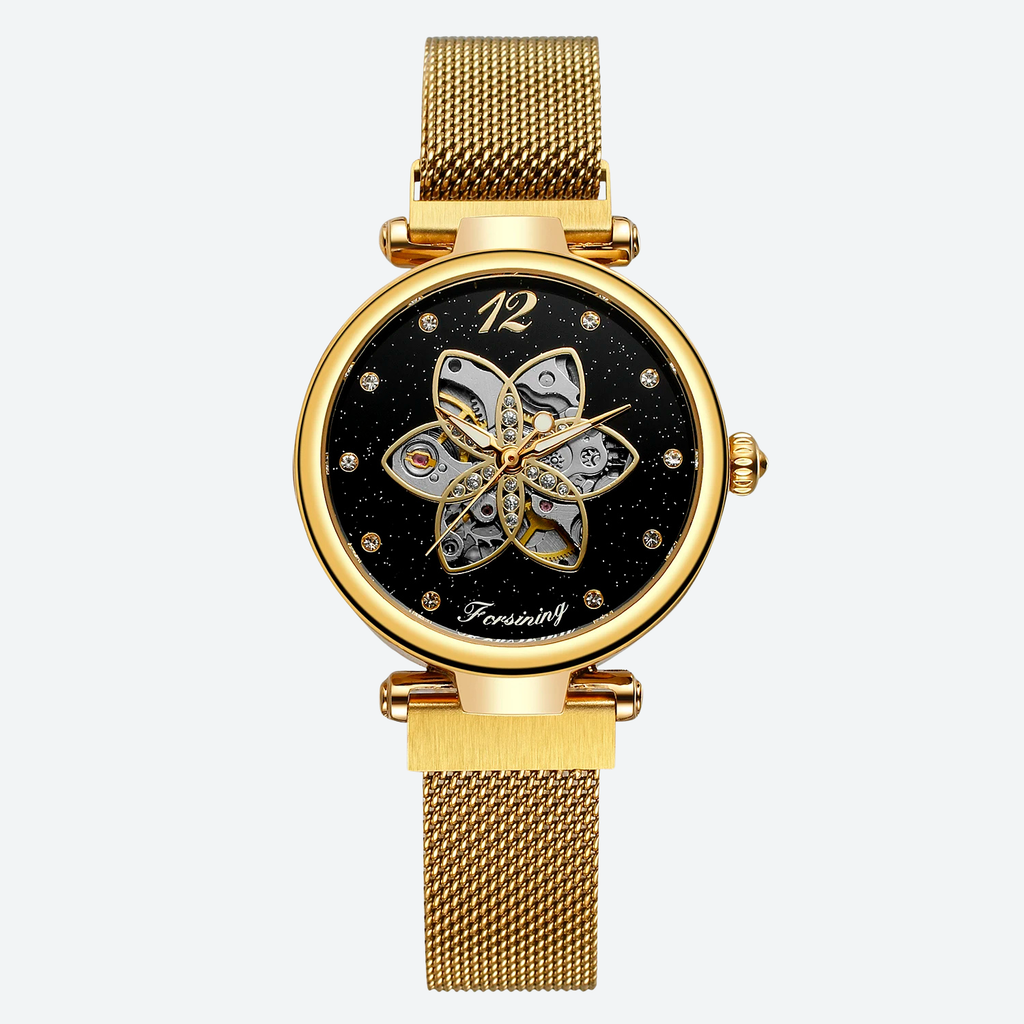 Montre Automatique Femme Squelette Floral Maille Milanaise Chic