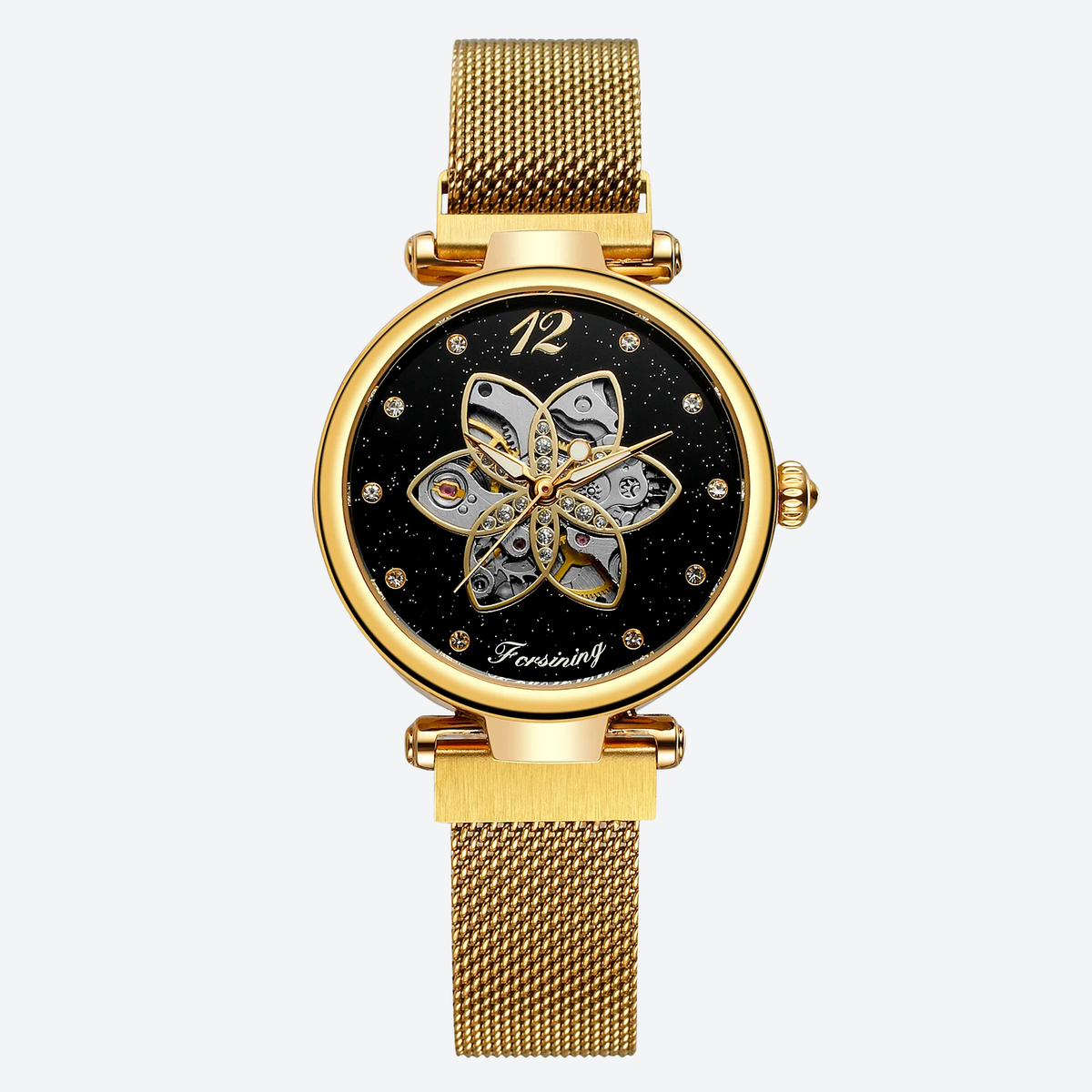 Montre Automatique Femme Squelette Floral Maille Milanaise Chic