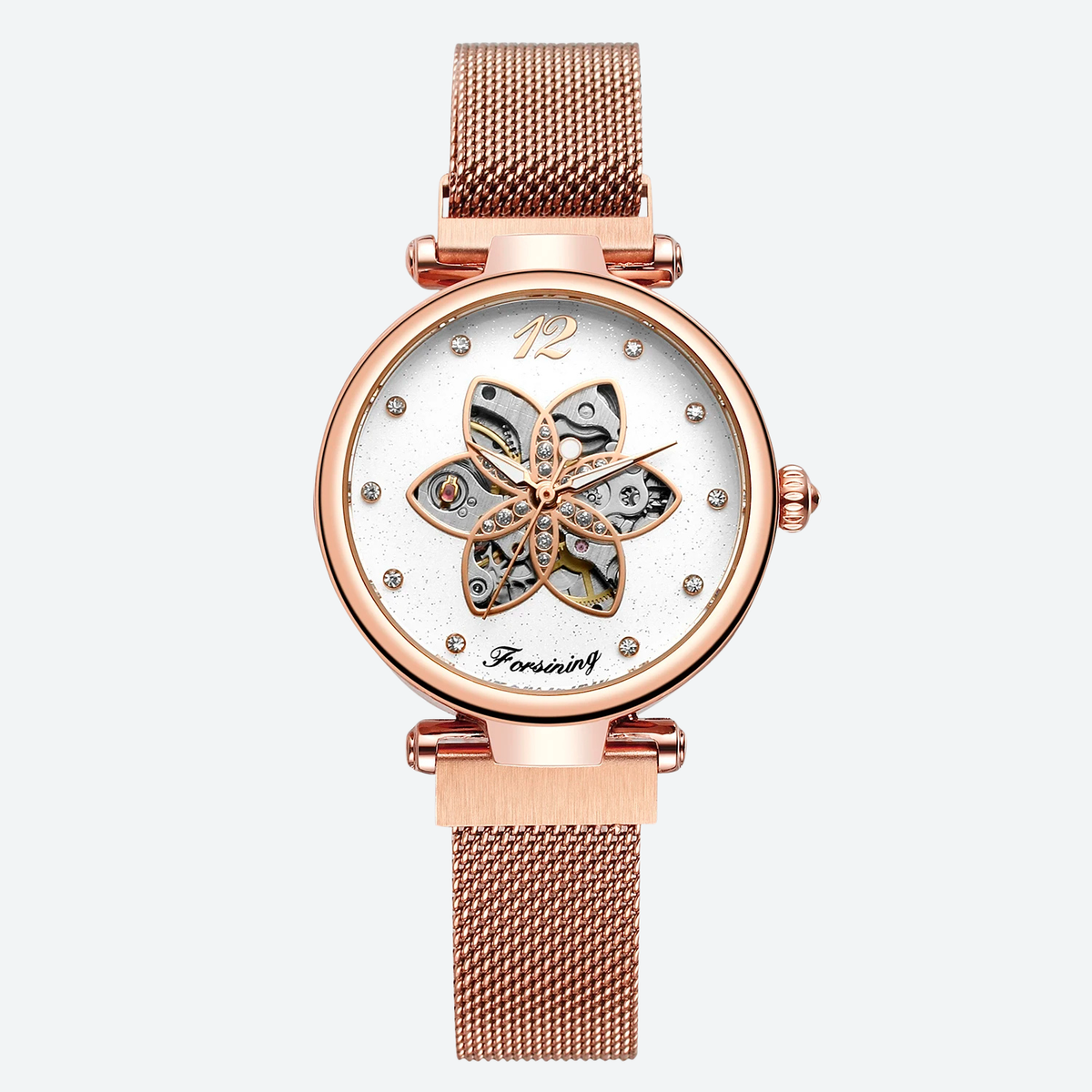 Montre Automatique Femme Squelette Floral Maille Milanaise Chic
