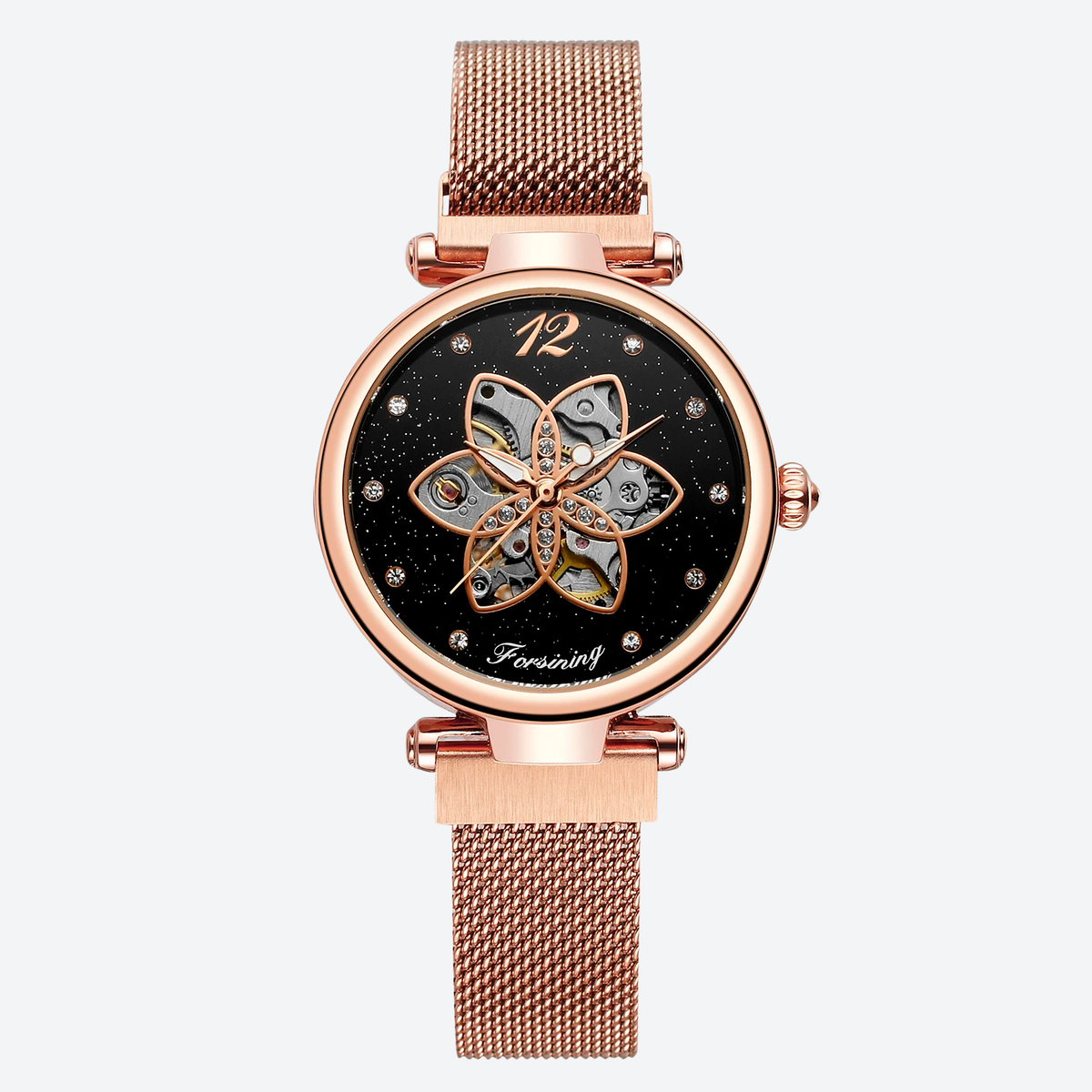 Montre Automatique Femme Squelette Floral Maille Milanaise Chic