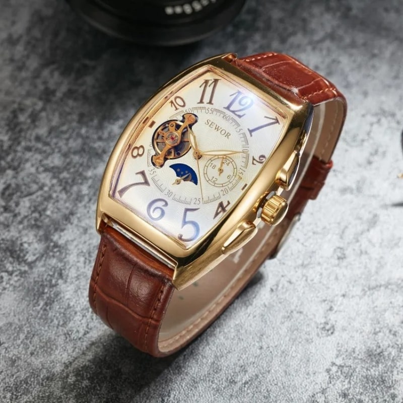 Montre Automatique Femme Cadran Squelette & Phase Lunaire à cadran blanc vue d'en haut