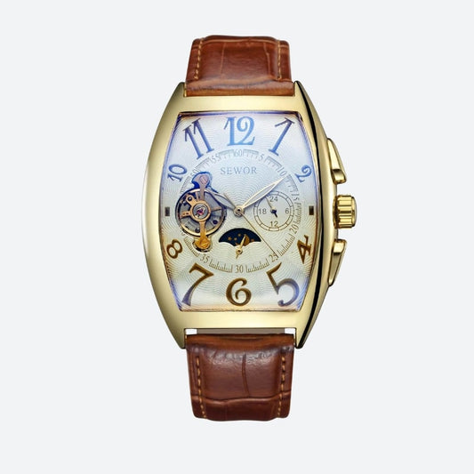 Montre Automatique Femme Cadran Squelette & Phase Lunaire sur fond gris avec cadran blanc